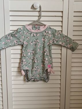 Ruffle Butts Tea Roses One-Piece Swimsuit in Sage Green and Pink 3/6M